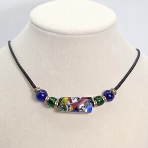 Vintage Venetian Millefiori Trade Bead Blue Green Glass Beads Leather Cord 20"